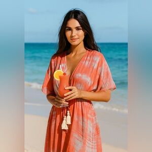 Touché Coral Tie Dye Sheer Kaftan Boho Chic Beach Cover Up Dress Tassel Waist L